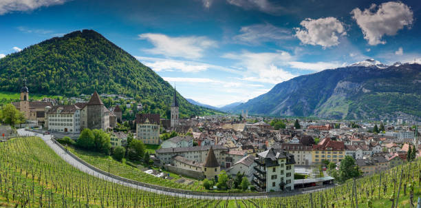 panorama view of the city of Chur in Switzerland springtime panorama view of the city of Chur in the Grisons in the Swiss Alps graubunden canton stock pictures, royalty-free photos & images