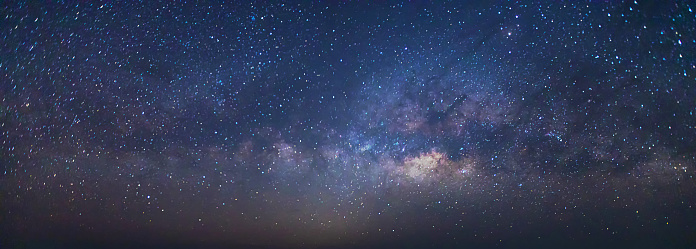 Panorama view universe space and milky way galaxy with stars on night sky background.