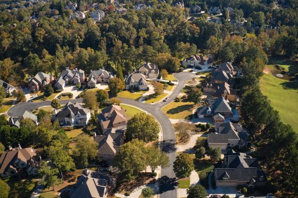 Panoramic aerial view of an upscale subdivision in Suburbs of Atlanta. stock photo