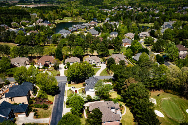 Panoramic aerial view of an upscale subdivision in Suburbs of Atlanta. stock photo