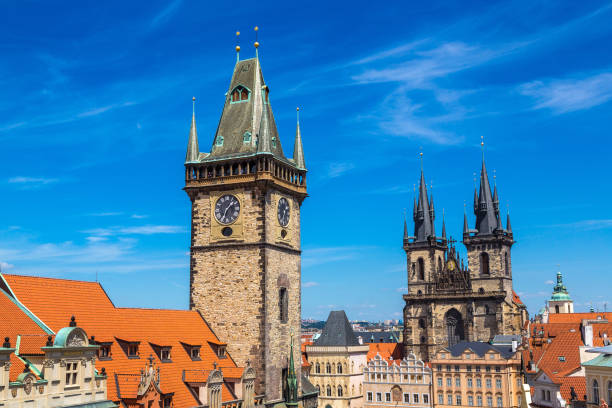 Panoramic aerial view of Prague Panoramic aerial view of Old Town square and Clock Tower in Prague in a beautiful summer day, Czech Republic prague old town square stock pictures, royalty-free photos & images