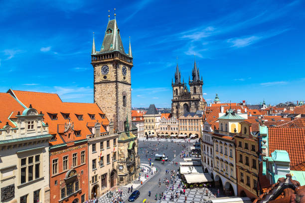 Panoramic aerial view of Prague Panoramic aerial view of Old Town square and Clock Tower in Prague in a beautiful summer day, Czech Republic prague old town square stock pictures, royalty-free photos & images