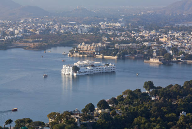 Panoramic aerial view of Udaipur City and Pichola lake in Rajasthan, India stock photo
