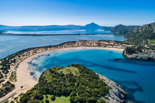 Panoramic aerial view of voidokilia beach, one of the best beaches in mediterranean Europe stock photo