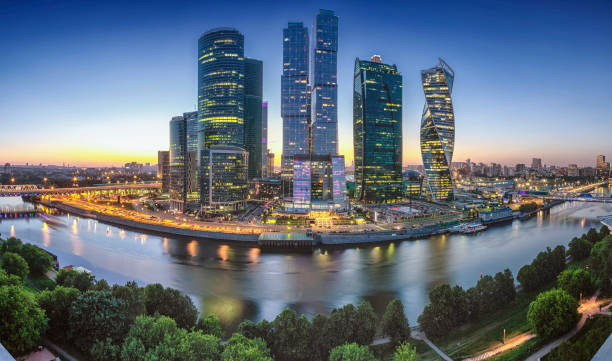 Panoramic cityscape of Moscow International Business Center and Moskva river stock photo
