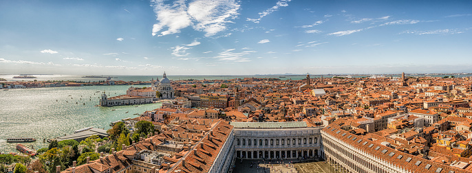 Panoramic high angle view from the roofs of Venice, Italy