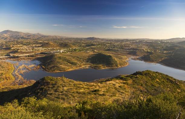 Panoramic Landscape of San Diego County and Lake Hodges from Bernardo Mountain in Poway Panoramic Landscape Scenic View of Beautiful Lake Hodges in San Diego County from Summit of Bernardo Mountain in Poway California lake hodges stock pictures, royalty-free photos & images