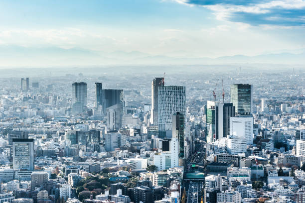 近代的な市街のパノラマ スカイライン空中の鳥瞰図新宿・渋谷エリア - 渋谷 ストックフォトと画像