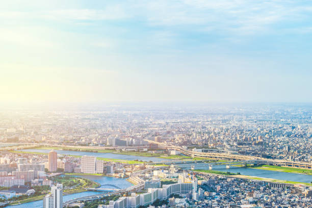 도쿄, 일본에서 태양 및 푸른 하늘 아래 파노라마 현대 도시 도시 스카이 라인 새 눈 공중 보기 - 도회지 뉴스 사진 이미지