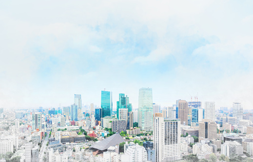 panoramic modern cityscape in Tokyo, Japan. Mix hand drawn sketch illustration