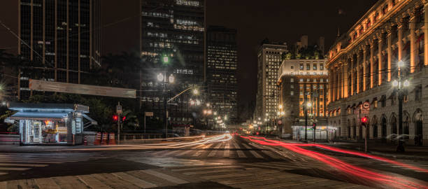 Panoramic night with long exposure in the streets of downtown São Paulo stock photo