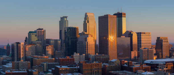 Panoramic of Minneapolis Skyline - Aerial View at Sunset stock photo