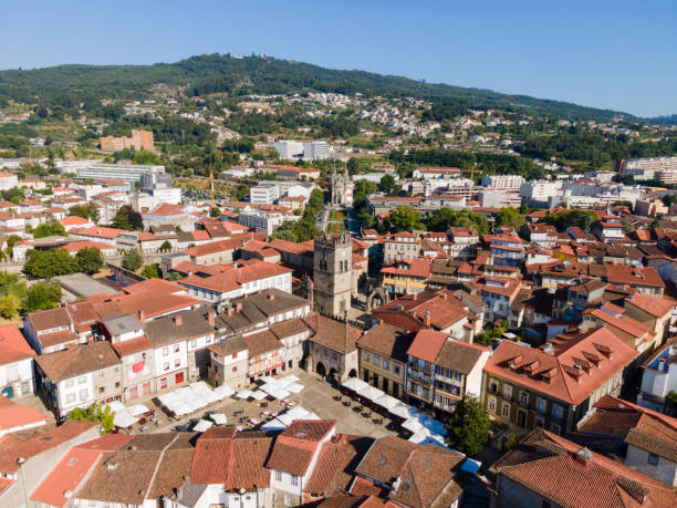 panoramic of old city of guimarães, portugal - guimarães imagens e fotografias de stock