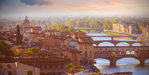 Panoramic of Ponte Vecchio over Arno river in Florence,Italy