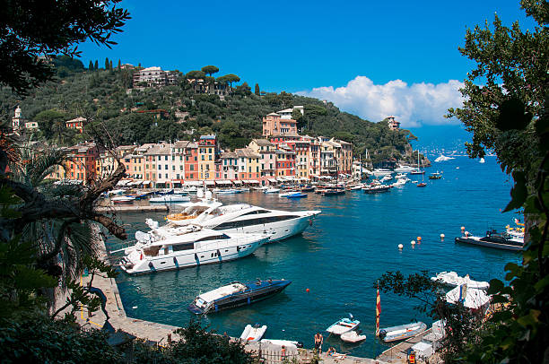Panoramic of the center of Portofino village on Ligurian coast stock photo