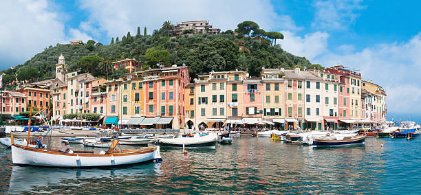 Panoramic of the center of Portofino village on Ligurian coast stock photo
