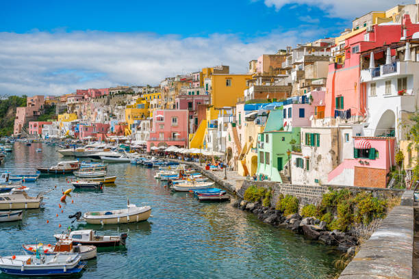 Panoramic sight of the beautiful island of Procida, near Napoli, Campania region, Italy. stock photo