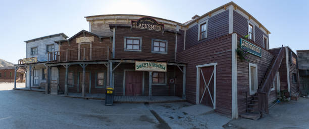 Panoramic view at the Oasys - Mini Hollywood, a Spanish Western-styled theme park, outside Western cowboys scenario, town with traditional stores, Alméria Taberna desert stock photo
