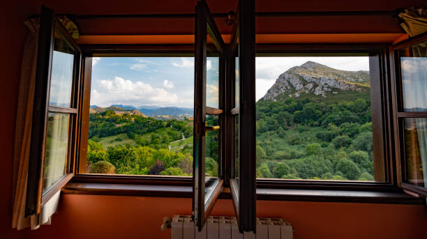 Panoramic view from a window near Arriondas, Asturias, Spain stock photo