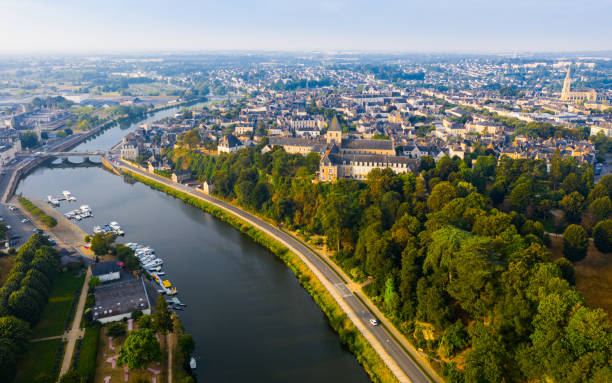 Panoramic view from above on the city Chateau-Gontier and Mayenne river stock photo