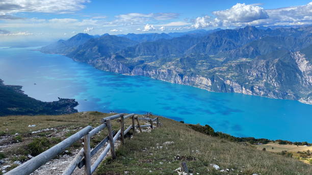 Panoramic view from Mount Baldo looking west to Lake Garda. Northern Italy, Europe. stock photo