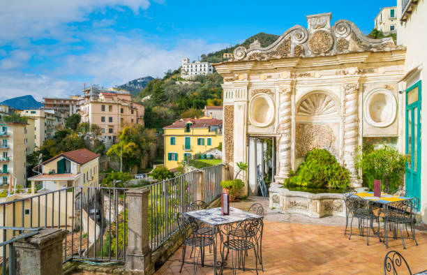 Panoramic view from the Minerva's Garden in Salerno, Campania, Italy. stock photo