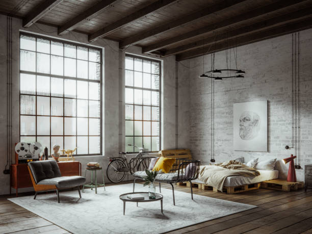 Panoramic view of an apartment loft in a new york industrial style Digitally generated image of a new york style industrial apartment loft carpet decor photos stock pictures, royalty-free photos & images