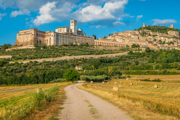 Panoramic view of Assisi, in the Province of Perugia, in the Umbria region of Italy. stock photo