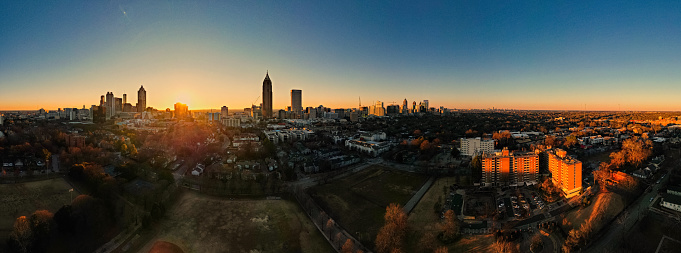 panoramic view of Atlanta and surrounding neighborhood at sunset