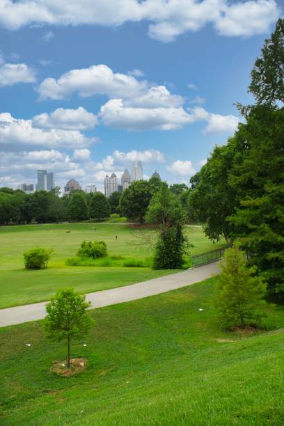 Panoramic view of Atlanta skyline from Belt way near Piedmont park in Atlanta, GA stock photo
