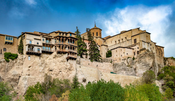 Panoramic view of Cuenca and famous hanging houses, Spain. stock photo