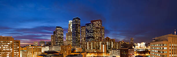 Panoramic View of Downtown Los Angeles at Dusk stock photo