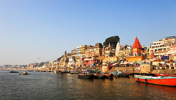 Panoramic view of Ganges river during the morning sunrise in varanasi ghats  ganges river stock pictures, royalty-free photos & images