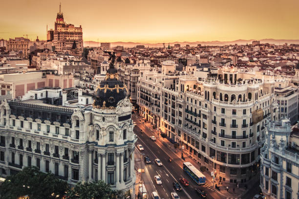 Panoramic view of Gran Via, Madrid, Spain. stock photo