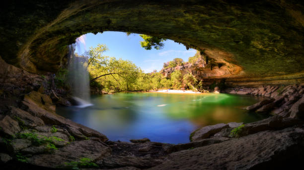 Panoramic View of Hamilton Pool, Austin, Texas Hamilton Pool, water fall, in Austin recreation are. Texas, USA historical reenactment stock pictures, royalty-free photos & images