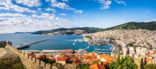 Panoramic view of Kavala in northern Greece stock photo