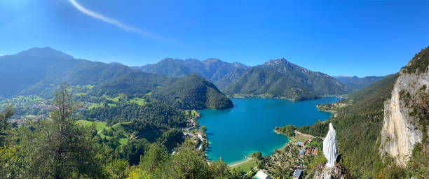 Panoramic view of Lake Ledro in Trentino. Northern Italy, Europe. stock photo