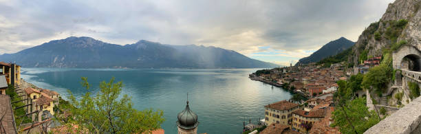 Panoramic view of Limone sul Garda at the western bank of Lake Garda. Lombardy, northern Italy, Europe. stock photo