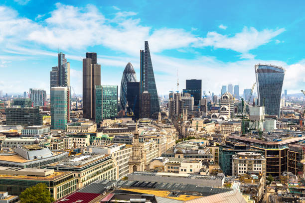 Panoramic view of London Panoramic aerial view of London, skyscrapers in the financial district, England, United Kingdom london england stock pictures, royalty-free photos & images