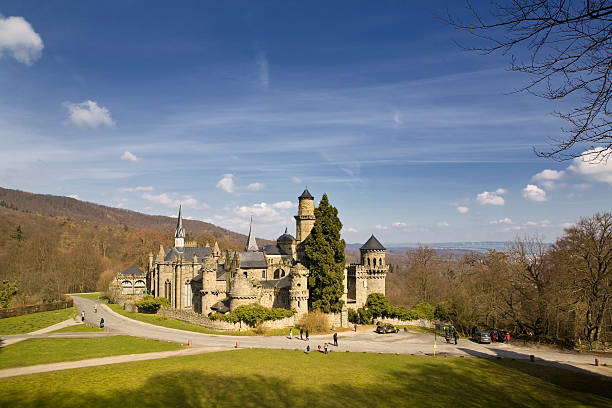Panoramic view of magnificent medieval fairy castle fairy medieval castle Lowenburg, Kassel, Germany hesse germany stock pictures, royalty-free photos & images