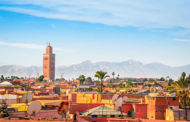 Panoramic view of Marrakesh and old medina, Morocco Panoramic view of Marrakesh and old medina, Morocco koutoubia mosque stock pictures, royalty-free photos & images