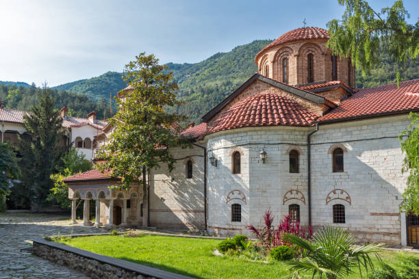 Panoramic view of Medieval Bachkovo Monastery, Bulgaria stock photo