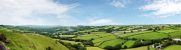 Panoramic view of patchwork fields in the Black Mountains Patchwork of fields across the Black Mountains county kerry stock pictures, royalty-free photos & images