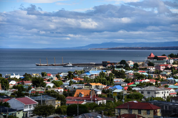 Panoramic view of Punta Arenas and Straits of Magellan. Patagonia, Chile, South America stock photo