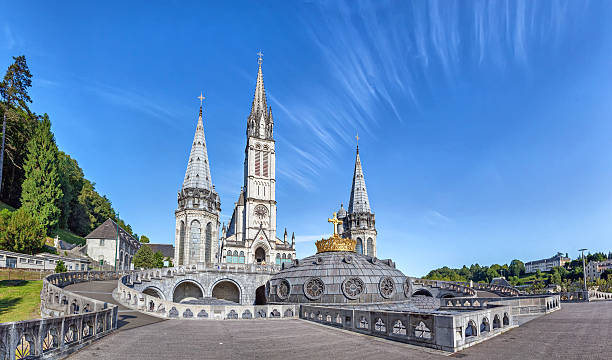 Panoramic view of Rosary Basilica in Lourdes Panoramic view of Rosary Basilica in Lourdes, Hautes-Pyrenees, France bbsferrari stock pictures, royalty-free photos & images
