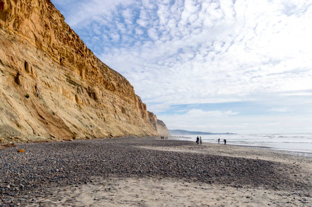 Panoramic View of the Cliff and Rock Covered Beach at Torrey Pines State Park in San Diego California This view of the beach at Torrey Pines State Park shows the rock covered beach and the eroding cliffs next to the beach.  A cloudy spring day with people walking along the beach in the distance. has san hawkins stock pictures, royalty-free photos & images