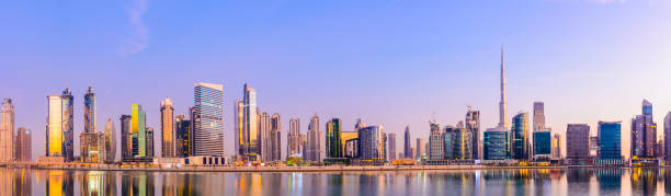 Panoramic View of the Downtown Dubai City Skyline and Business Park at Sunset, United Arab Emirates. stock photo