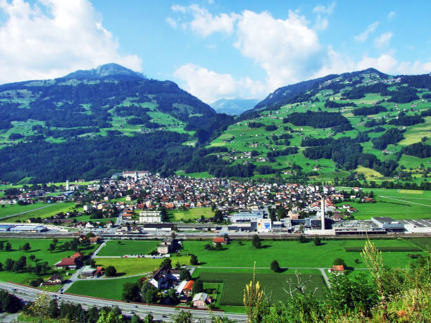 Panoramic view of the Flums heritage in the river Seez valley or in the Seeztal stock photo
