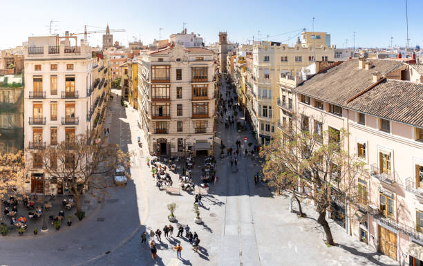Panoramic view of the "Plaza de los Fueros" from the Serranos Towers. "El Carmen" neighborhood in Valencia stock photo