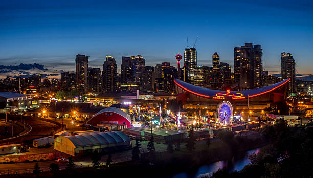 Panoramic view of the the Calgary Stampede at sunset stock photo
